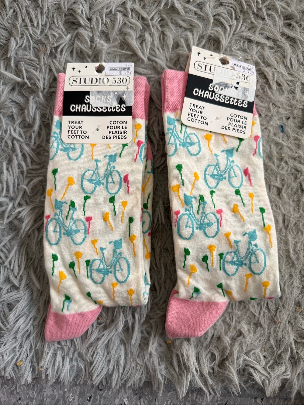 Studio Kids White Cotton Socks with Pink Trim and Teal Bicycle Print